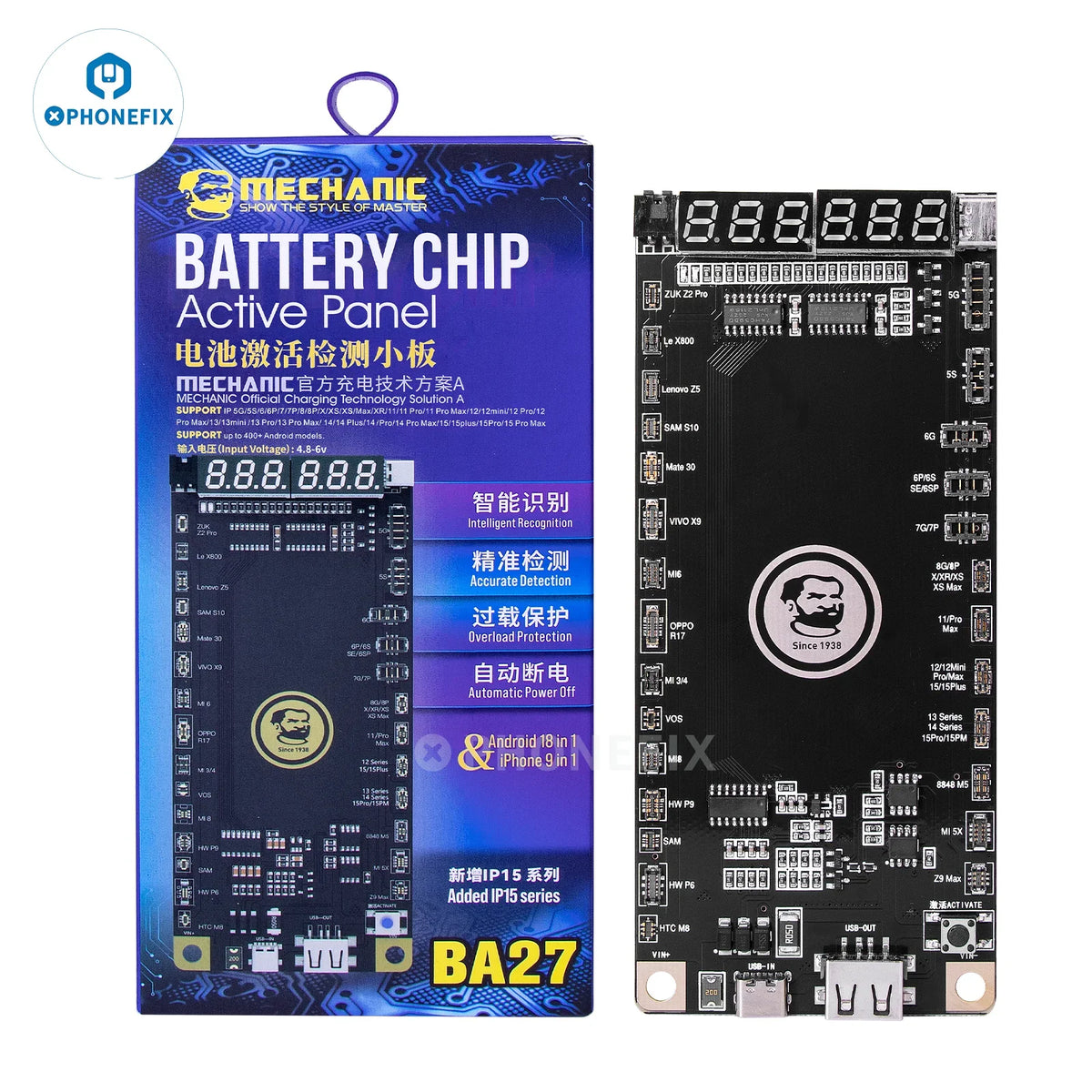 PHONEFIX Mechanic BA27 Battery Tester Tool for iPhone and Android, battery activation detection board with electronic testing components.
