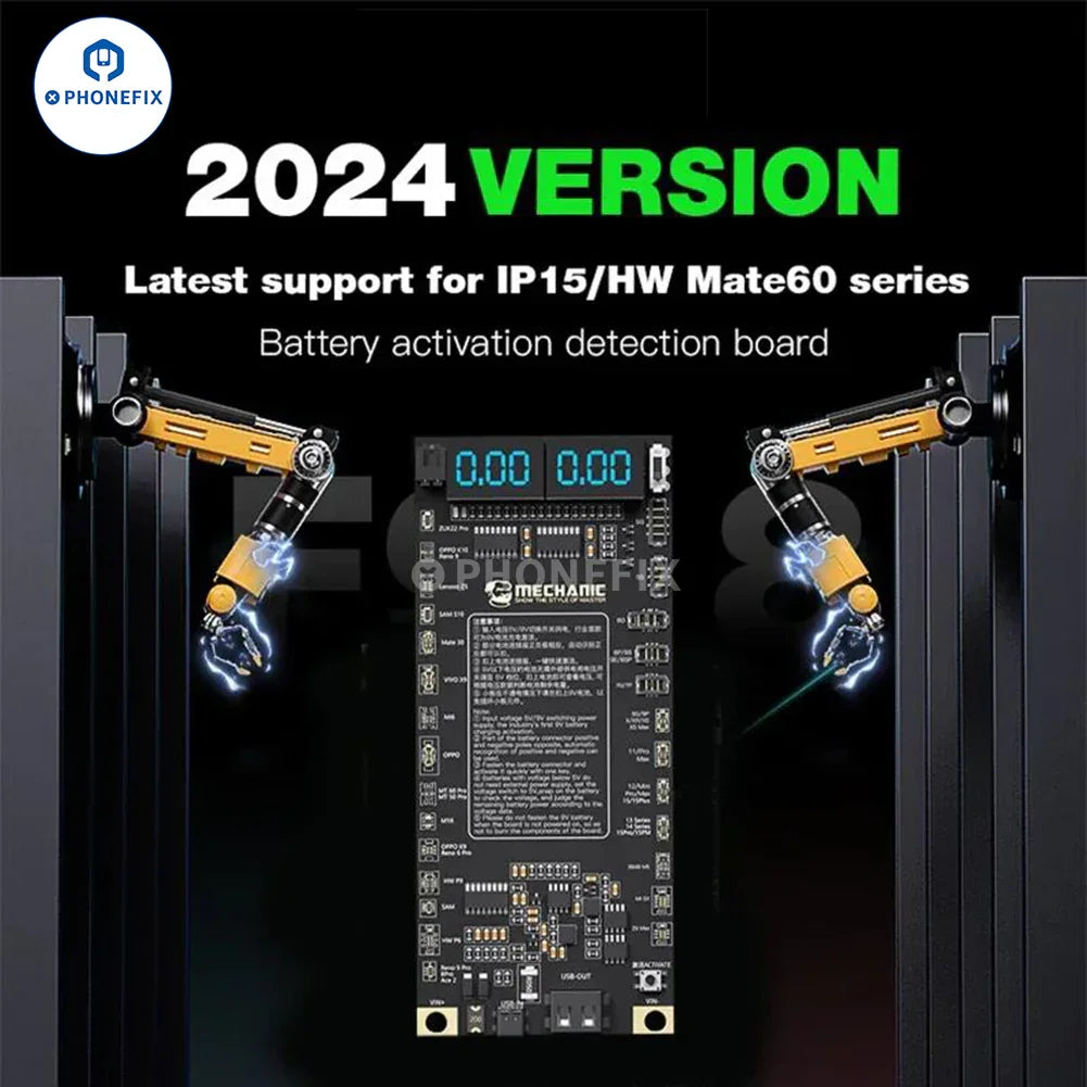 PhoneFix MECHANIC F918 battery activation board for iPhone and Android, showing the compact battery tester tool with ports.