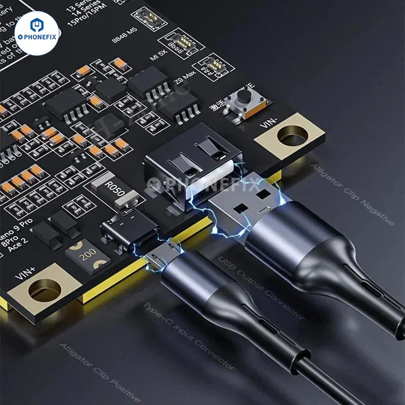 PhoneFix MECHANIC F918 Battery Activation Board for iPhone and Android, battery tester tool with circuit board and connectors.