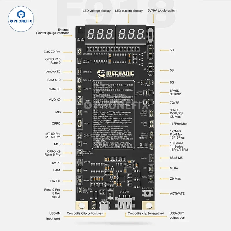 PhoneFix MECHANIC F918 battery activation board for iPhone and Android, used as a battery tester tool for device repair.