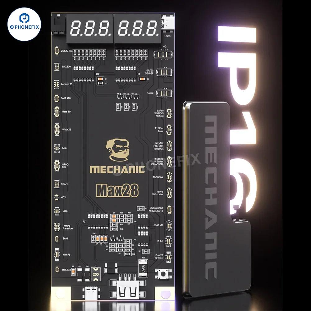 PHONEFIX MECHANIC Max28 Battery Activation Board for iPhone 8-16 Pro Max & Android battery tester tool in close-up view