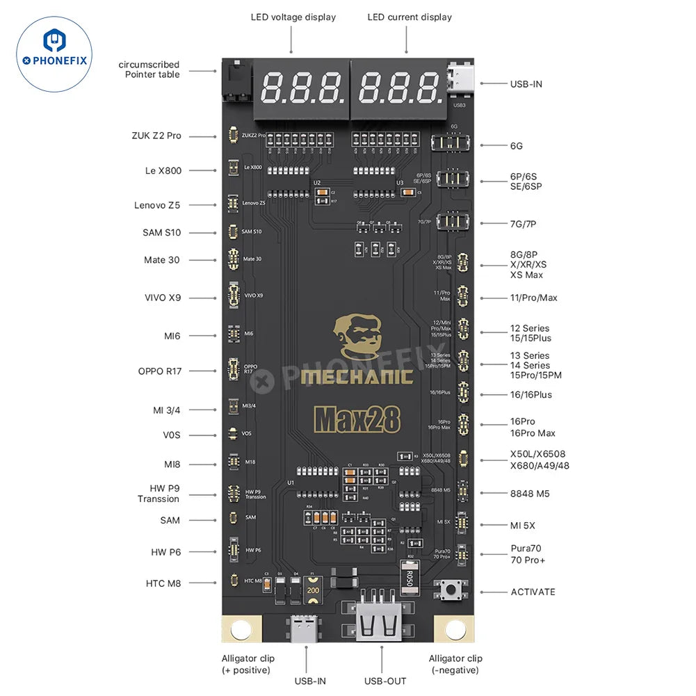 PHONEFIX Max28 battery activation board for iPhone 8-16 Pro Max and Android devices, used as a battery tester tool.