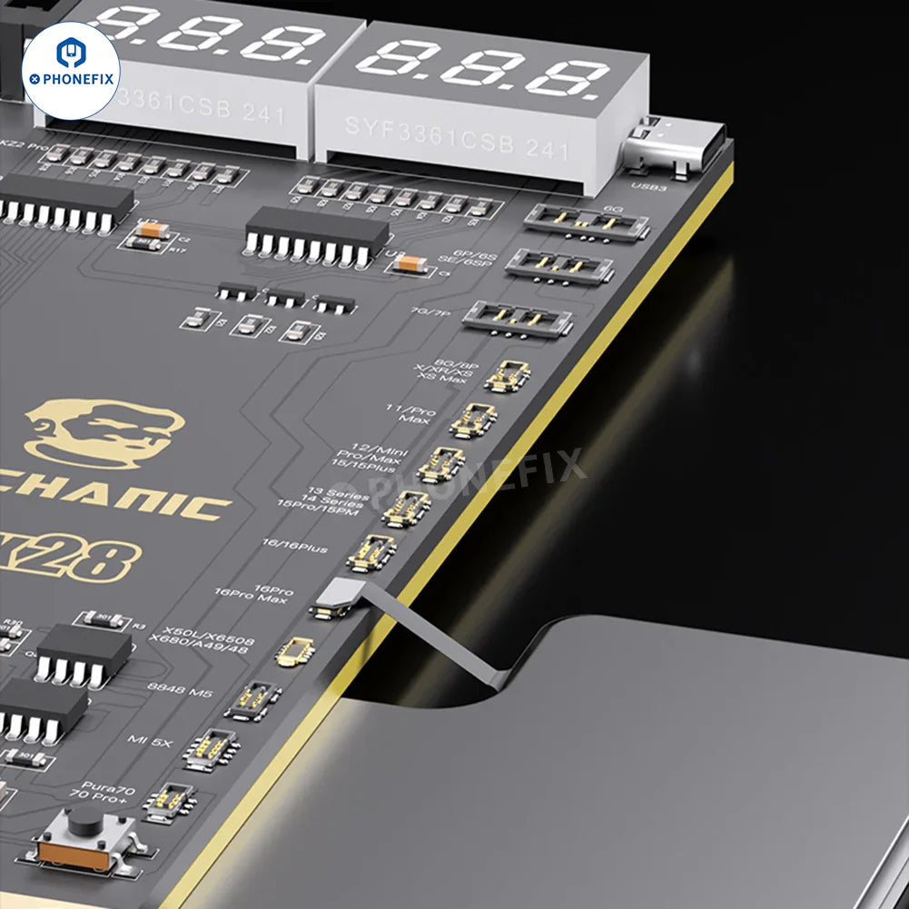 PHONEFIX Max28 Battery Activation Board for iPhone 8-16 Pro Max and Android, featuring a compact battery tester tool with various ports.