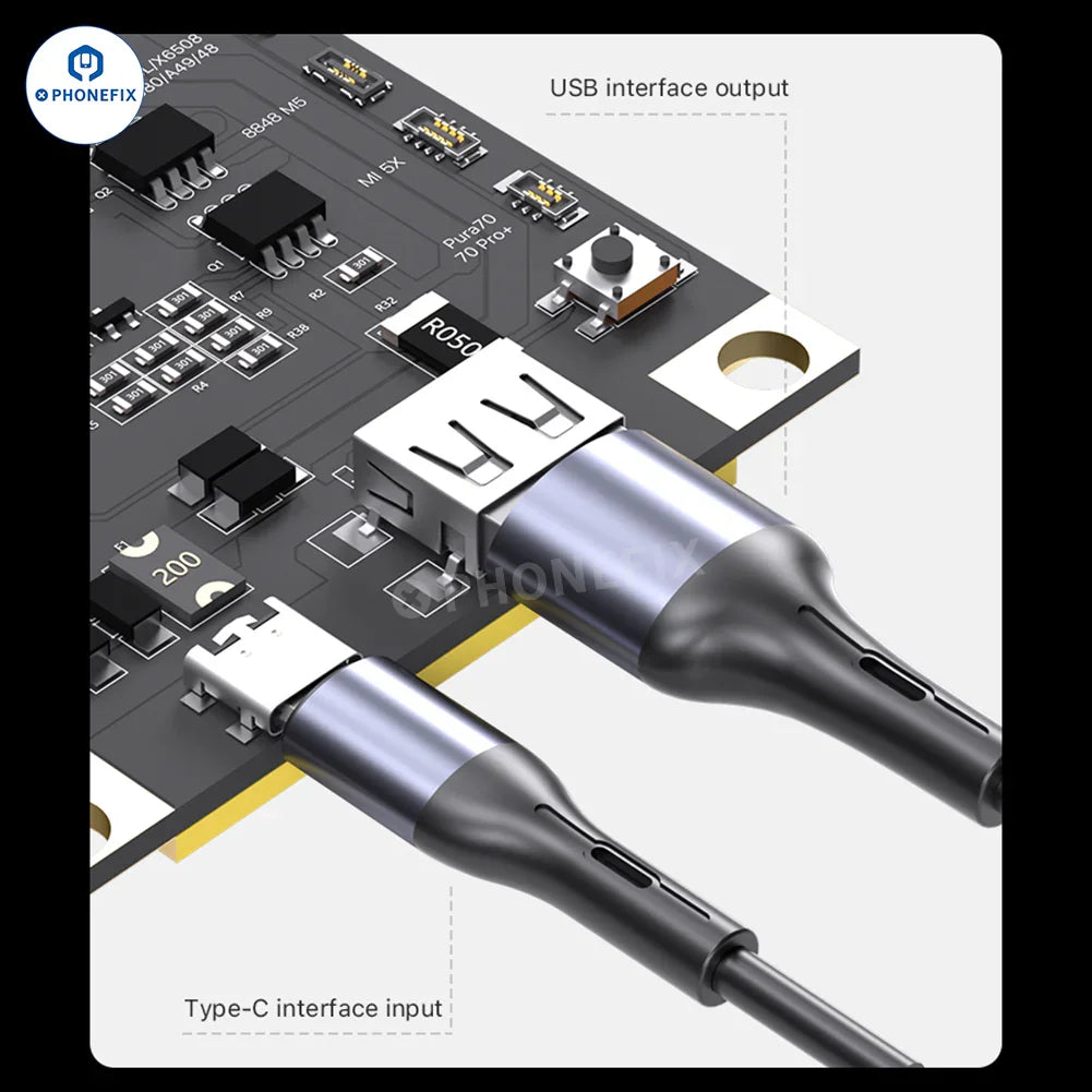 PhoneFix Max28 Battery Activation Board for iPhone 8-16 Pro Max and Android, shown on testing tool with connectors.