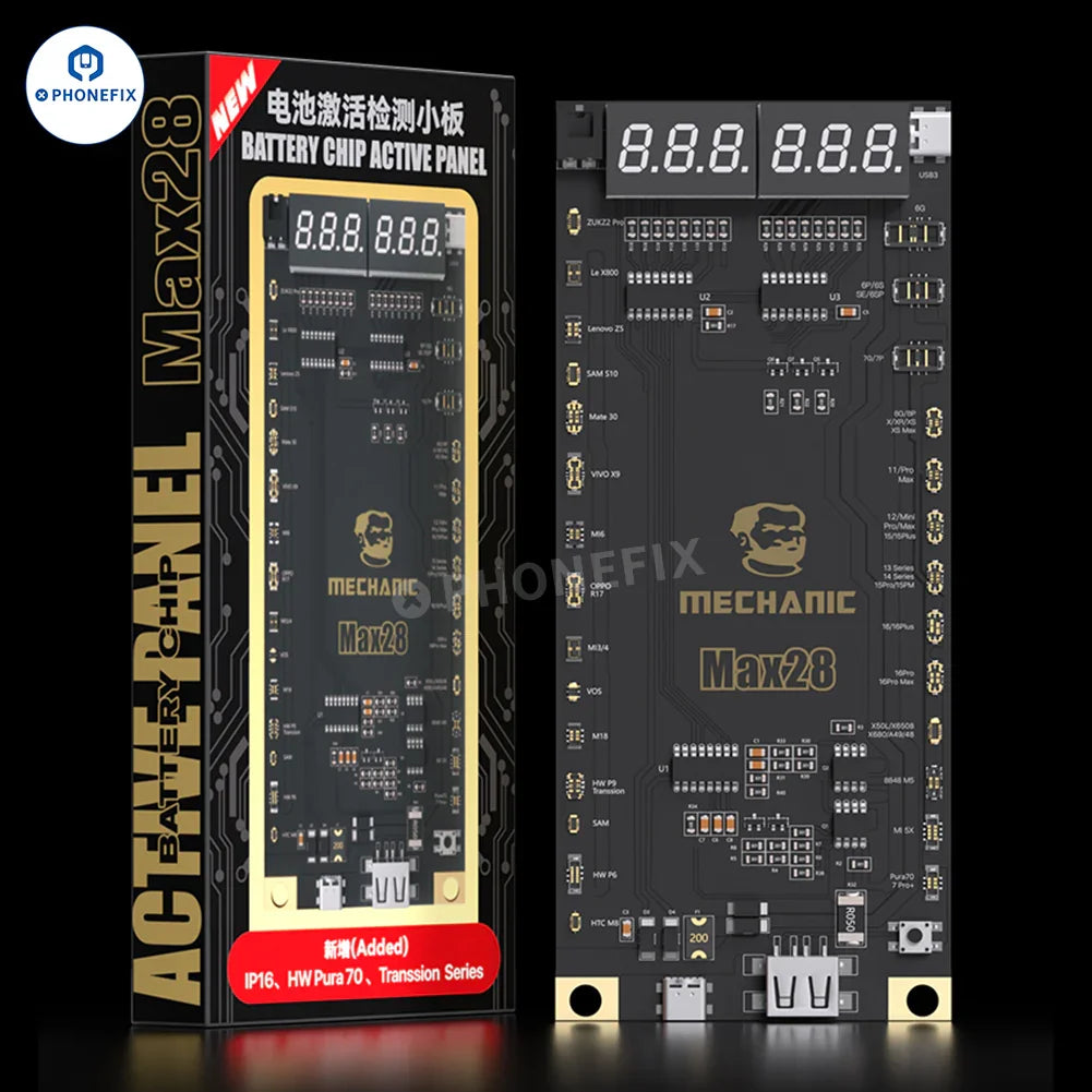 PHONEFIX MECHANIC Max28 Battery Activation Board for iPhone 8-16 Pro Max and Android, used as a battery tester tool.