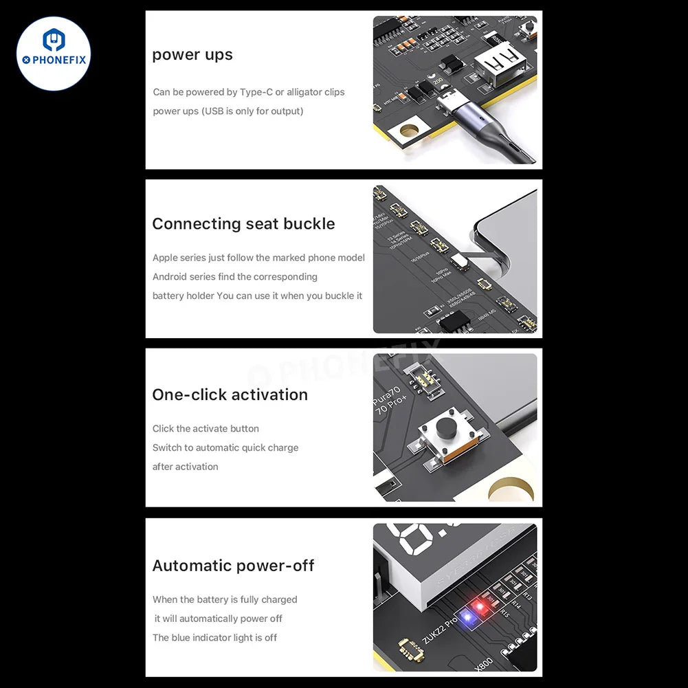 PHONEFIX Max28 Battery Activation Board for iPhone 8-16 Pro Max and Android, showing the compact battery tester tool with connectors.