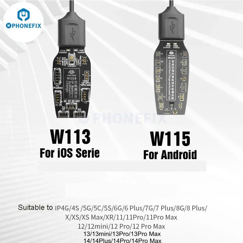 PHONEFIX 2-in-1 mechanic battery activation board for iPhone and Android phones, used as a battery tester tool.