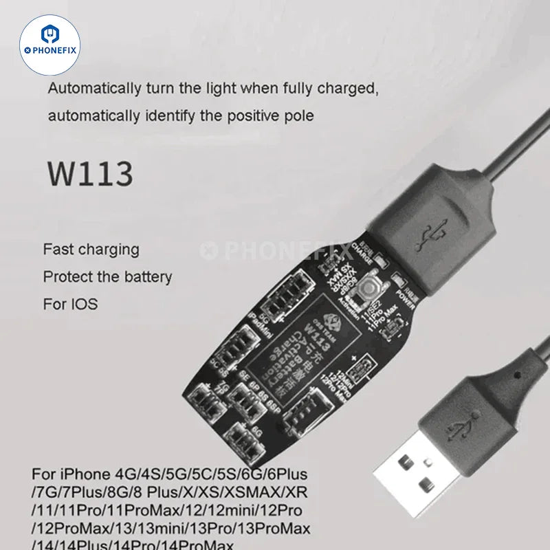 PhoneFix mechanic battery activation board for iPhone and Android phones, used as a battery tester tool for mobile device repair.