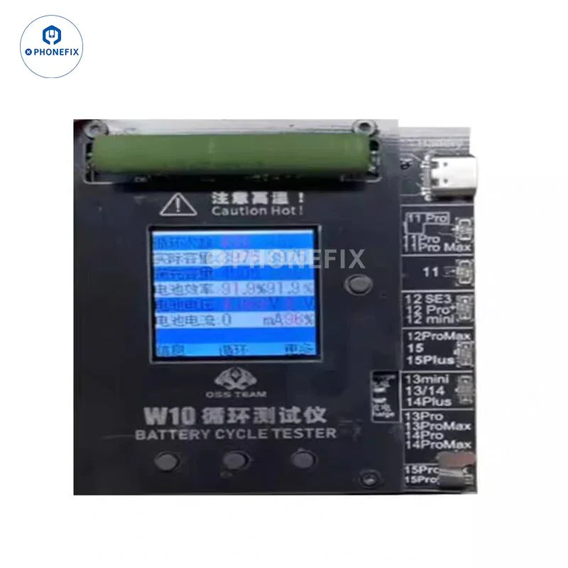 PHONEFIX OSS W10 Cycle Tester for iPhone 11-15 Pro Max battery efficiency, showing the battery testing tool with digital display.