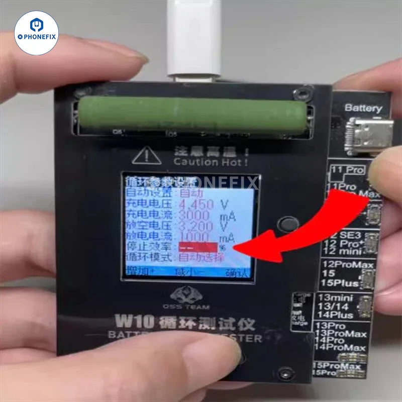 PHONEFIX OSS W10 cycle tester tool for iPhone 11-15 Pro Max batteries, designed to improve battery efficiency and test performance.