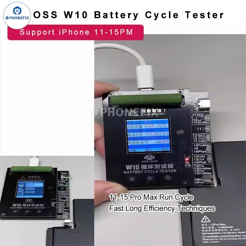 PhoneFix OSS W10 cycle tester for iPhone 11-15 Pro Max battery efficiency, showing the battery testing device and iPhone on display.