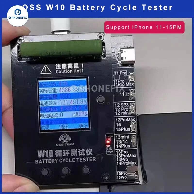 PHONEFIX OSS W10 cycle tester tool for iPhone 11-15 Pro Max batteries, showing device testing interface and battery status.