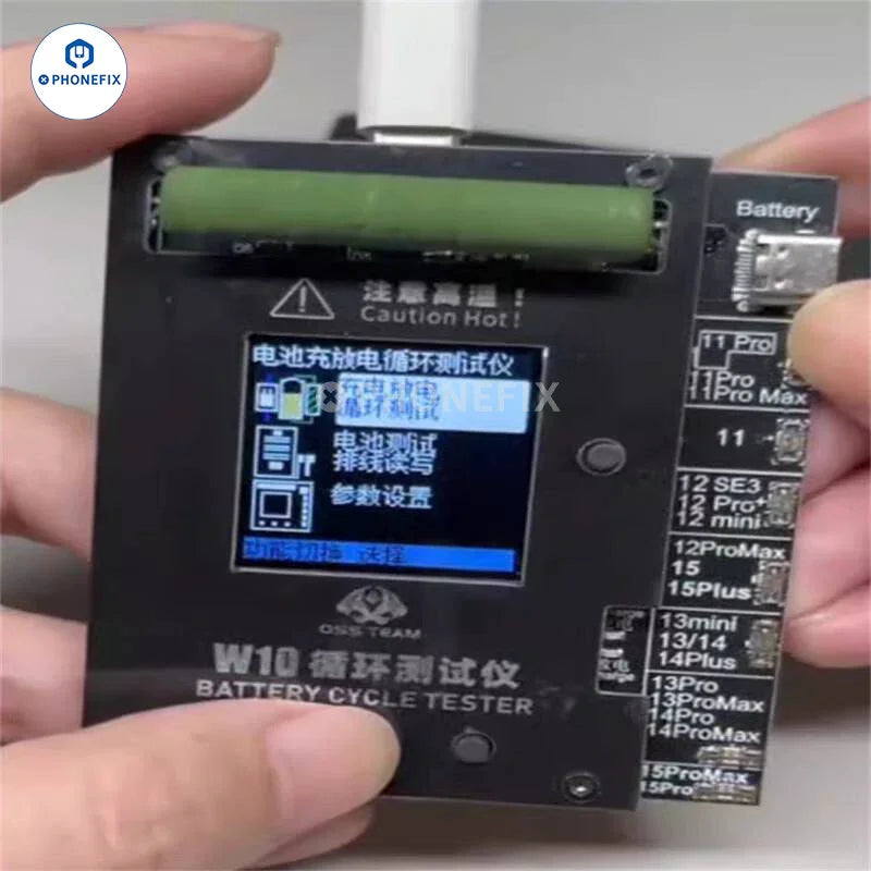 PHONEFIX OSS W10 cycle tester tool used to quickly assess iPhone 11-15 Pro Max battery efficiency and health.