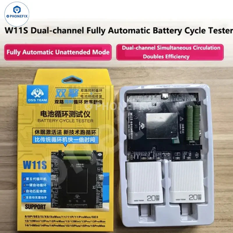 PHONEFIX OSS W11S dual-channel battery cycle tester for iPhone 11 to 15 Pro Max, showing the testing device with connected iPhones.