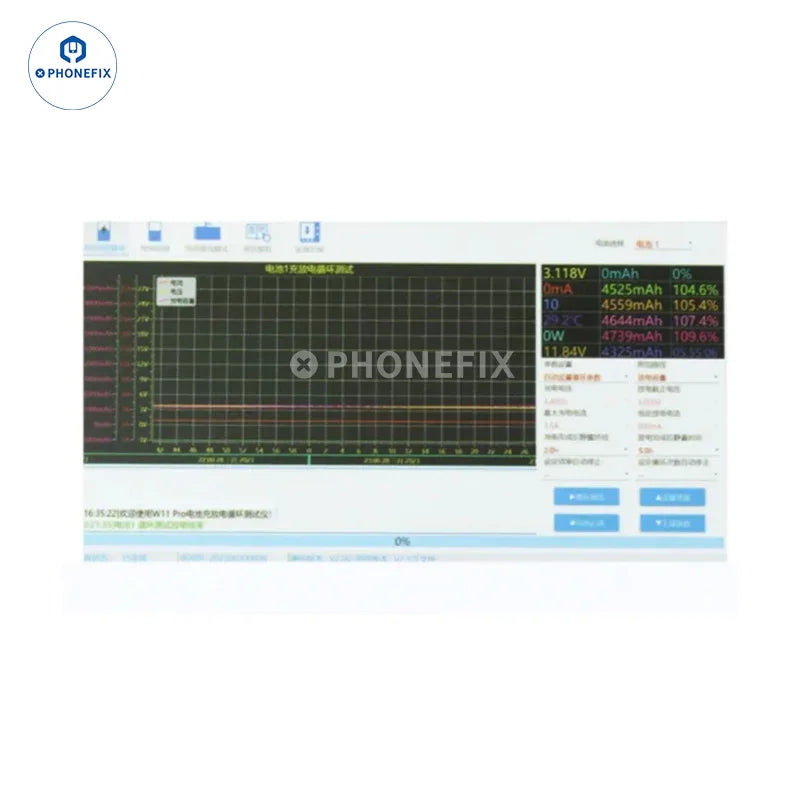 PHONEFIX OSS W11S dual-channel battery cycle tester for iPhone 11 to 15 Pro Max, showing testing interface on the device screen.