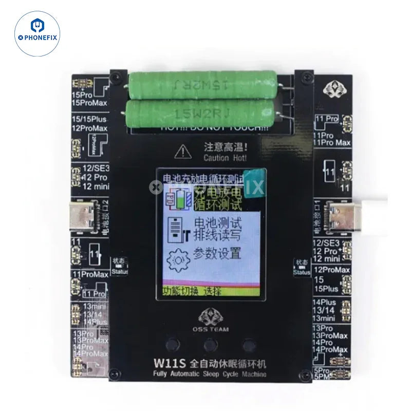 PHONEFIX OSS W11S dual-channel battery cycle tester for iPhone 11-15 Pro Max, showing the device connected for battery testing.