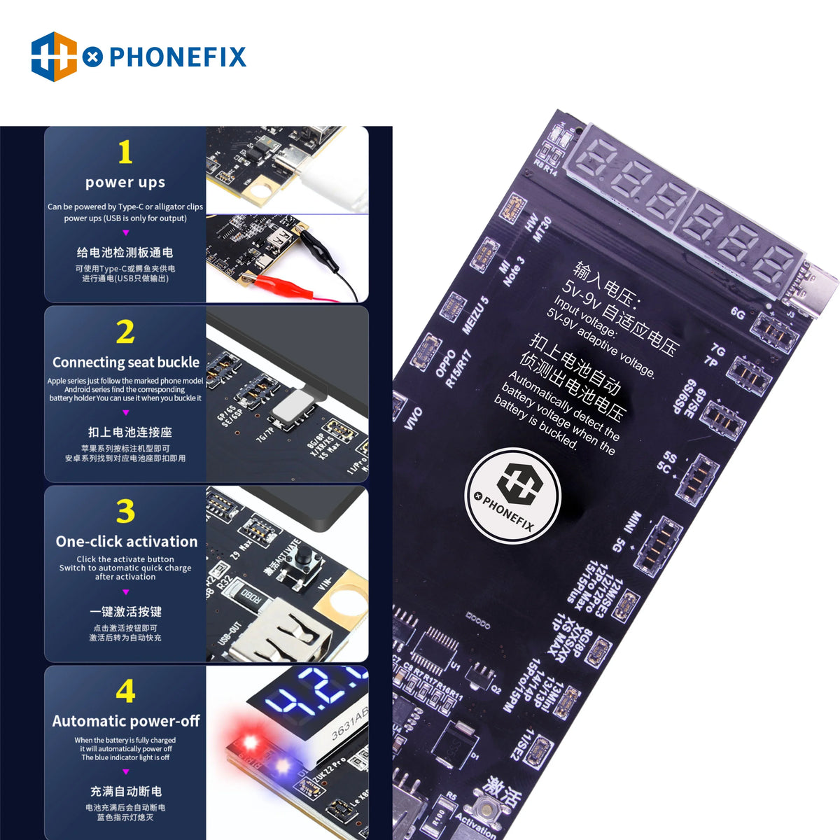 PhoneFix battery activation board for iPhone 6 to Pro Max, Android Mate 60, and other smartphones, used as a battery tester tool.