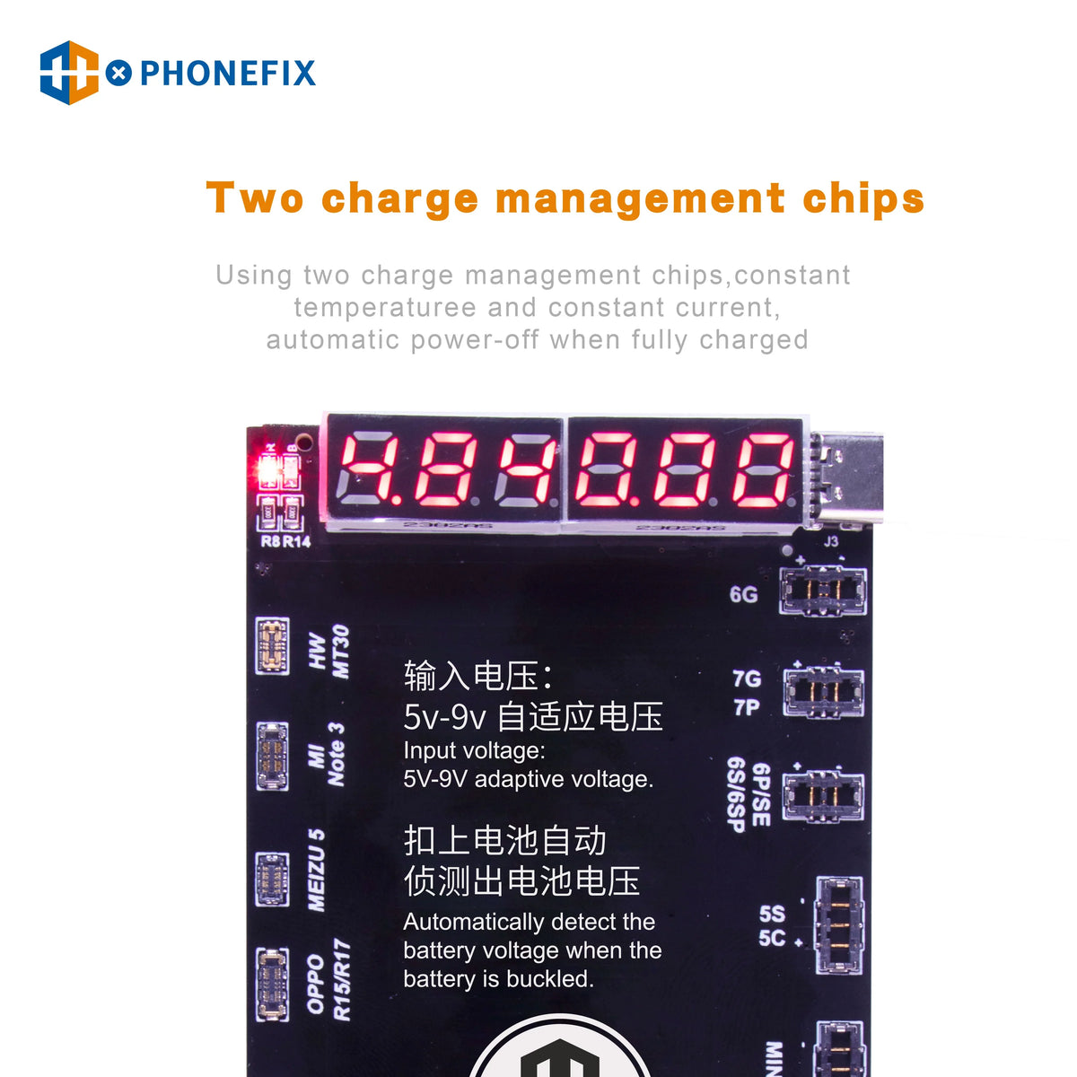 PhoneFix battery activation board for iPhone 6-15 Pro Max, Android Mate 60, battery tester tool with connectors and circuit components.