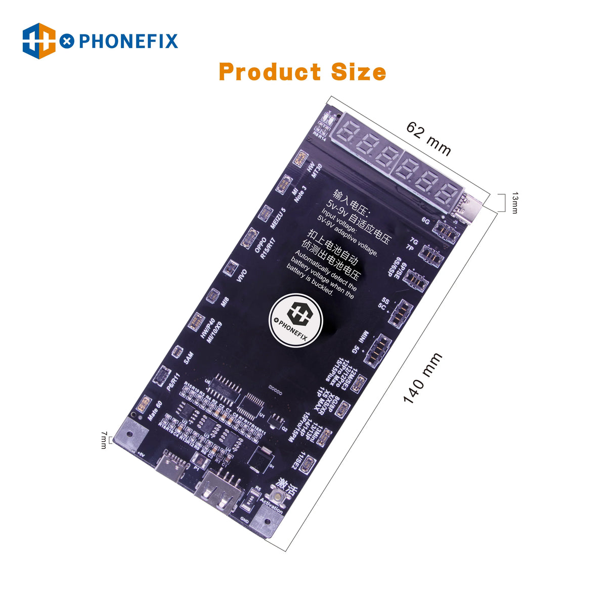 PhoneFix battery activation board and tester tool for iPhone 6 to 15 Pro Max, Android Mate 60, and other smartphones.