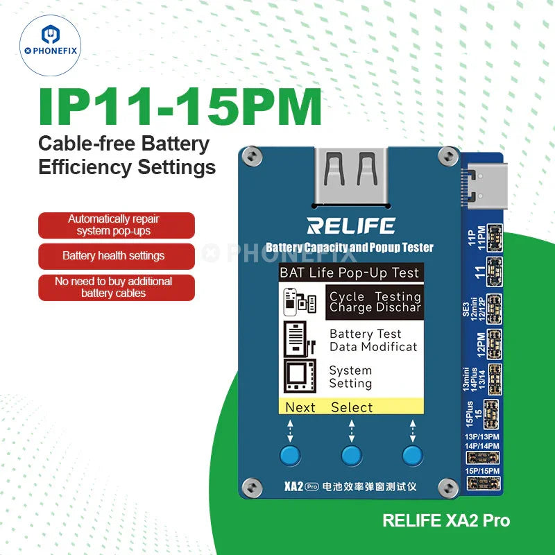El comprobador emergente de eficiencia de batería RELIFE XA2 Pro para iPhone 11-15PM de PHONEFIX, que muestra la herramienta de prueba compacta con pantalla.