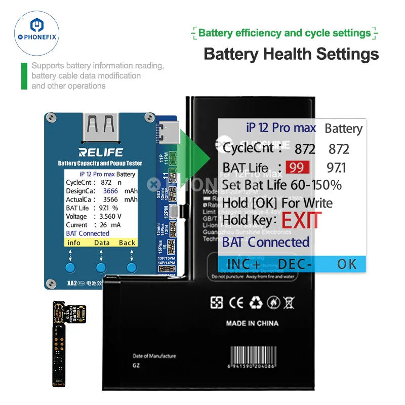 El comprobador de eficiencia de batería emergente RELIFE XA2 Pro para iPhone 11-15PM muestra la herramienta compacta de prueba de batería de PHONEFIX.