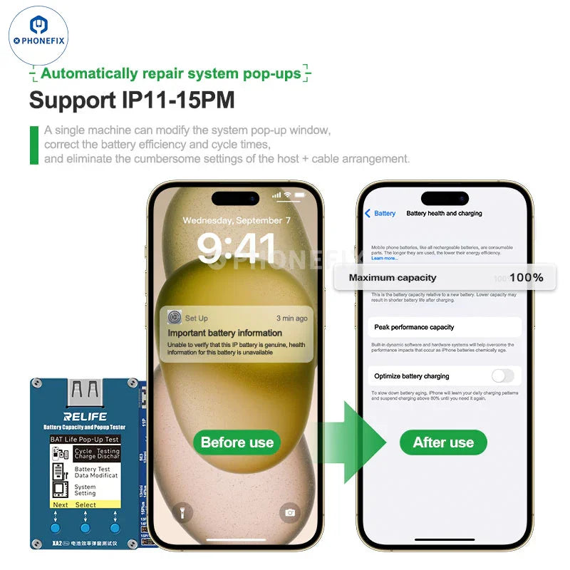 La herramienta de prueba de batería RELIFE XA2 Pro para iPhone 11-15PM muestra el dispositivo con una interfaz de prueba e indicador de eficiencia de la batería.