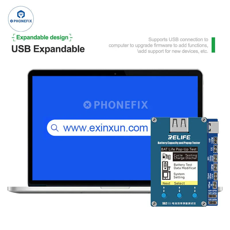 El comprobador de eficiencia de batería emergente RELIFE XA2 Pro para iPhone 11-15PM muestra la herramienta compacta de prueba de batería en uso.