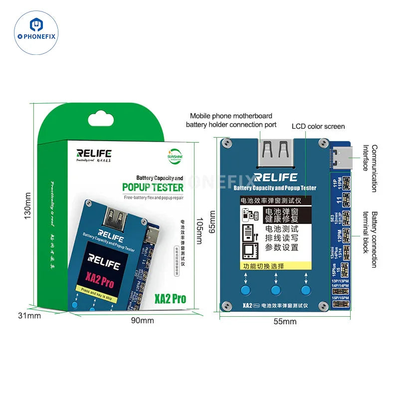 Herramienta de prueba de batería RELIFE XA2 Pro para iPhone 11-15PM, que muestra una prueba emergente de eficiencia de la batería en uso con el modelo de iPhone.