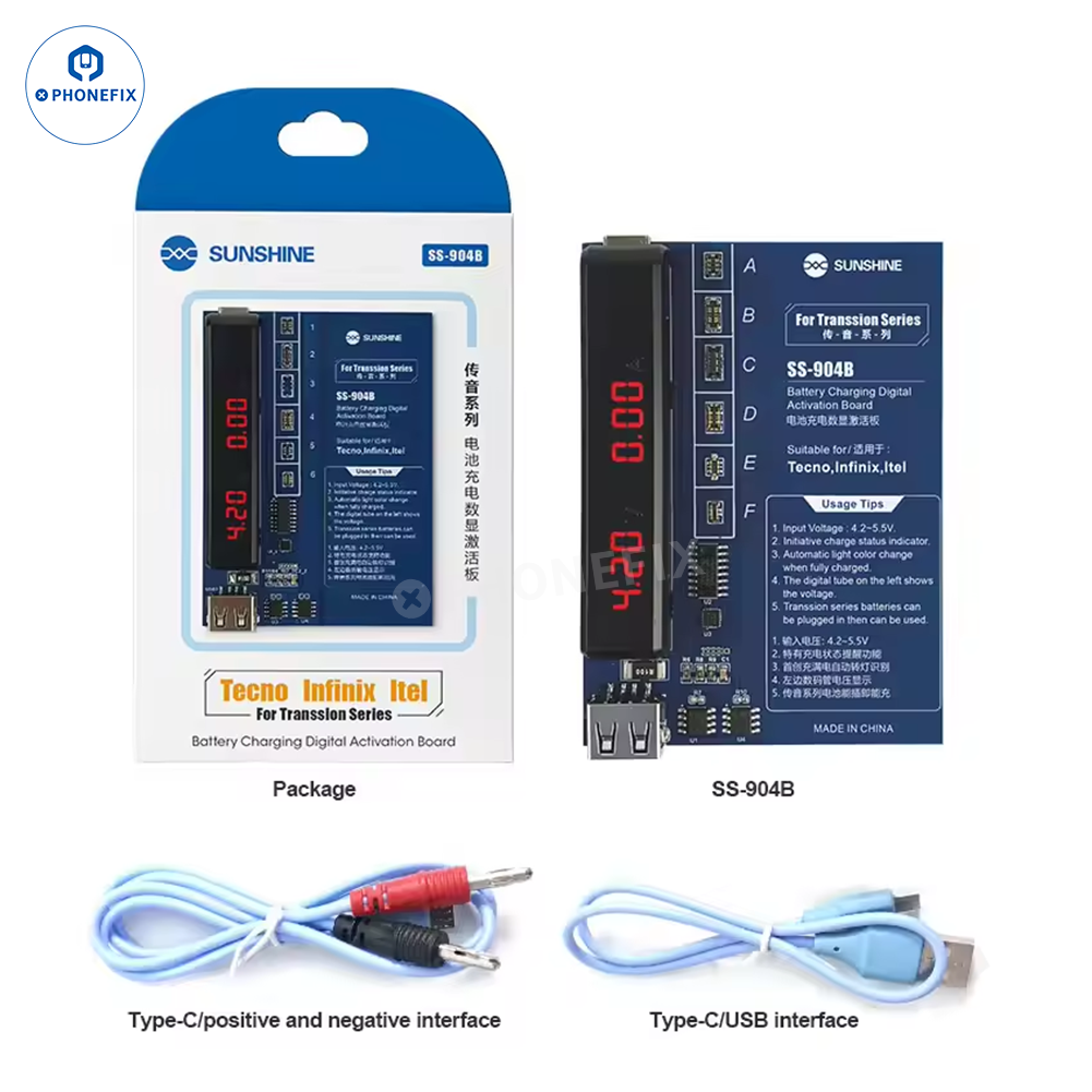 PHONEFIX Sunshine Phone Battery Charging Activation Board for iPhone and Android, battery tester tool, with visible circuit components.