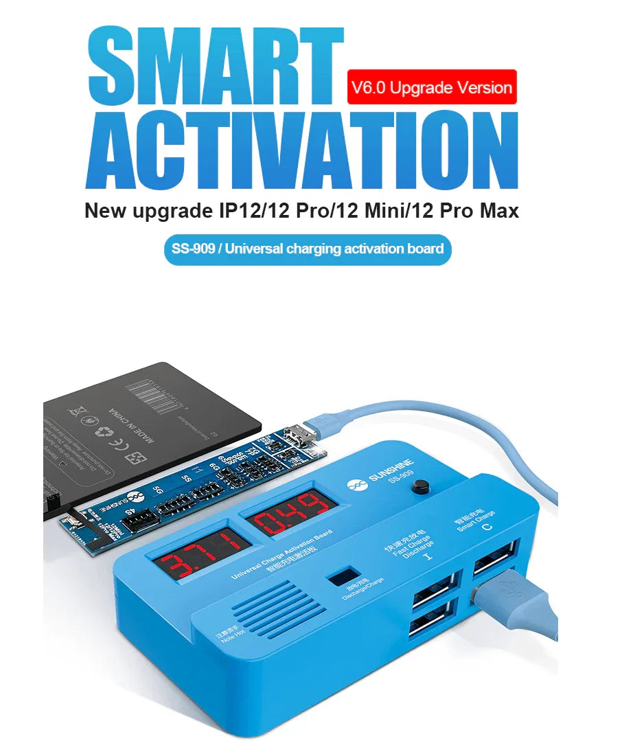 PhoneFix iPhone battery charging activation board tester with power cable, used for testing iPhone battery connections and functionality.