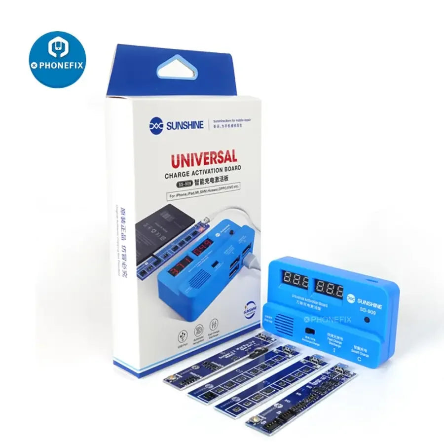 PHONEFIX SS-909 universal battery charging activation board tester for phone repair, showing the compact testing device with connectors.