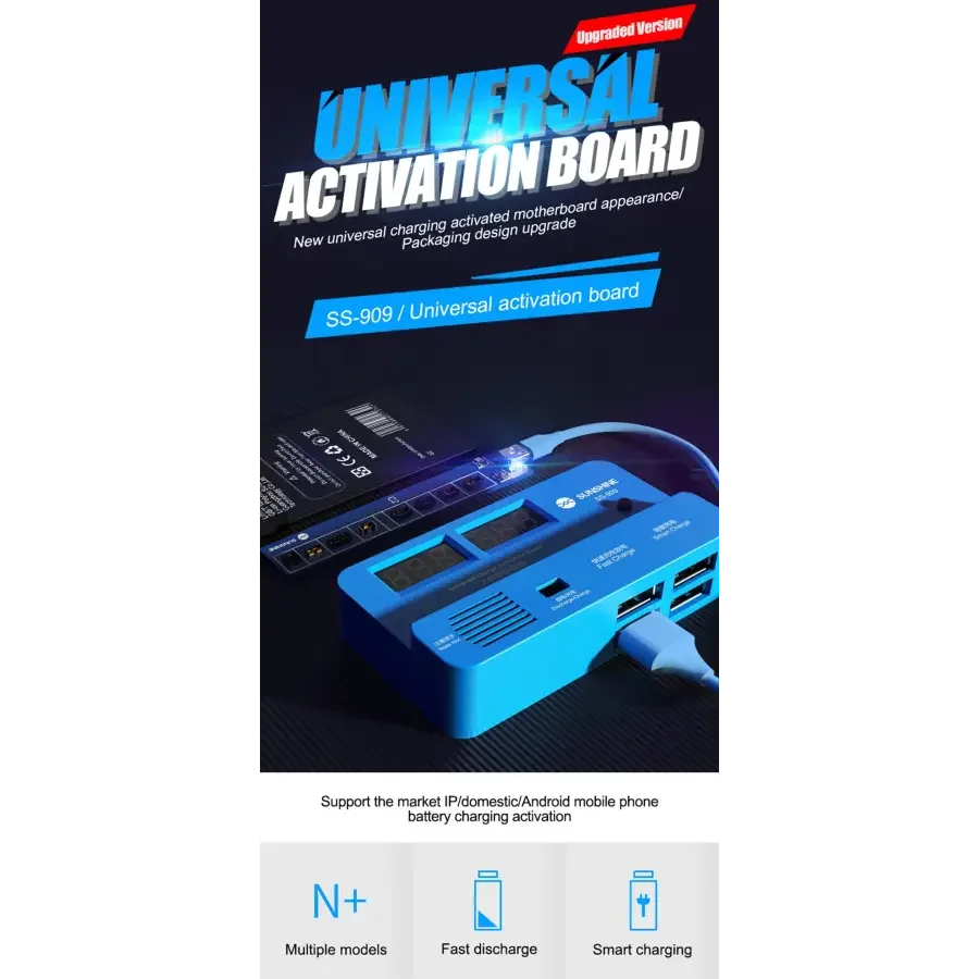 PhoneFix SS-909 universal battery charging activation board tester for phone repair, showing the handheld battery tester tool.