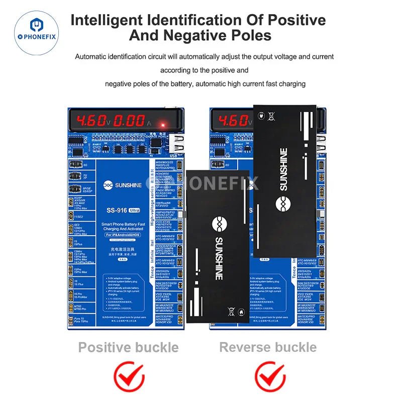 PHONEFIX SS-916 Ultra battery tester tool for Android and iPhone X-17 fast charging activation board, showing circuit connections and test ports.