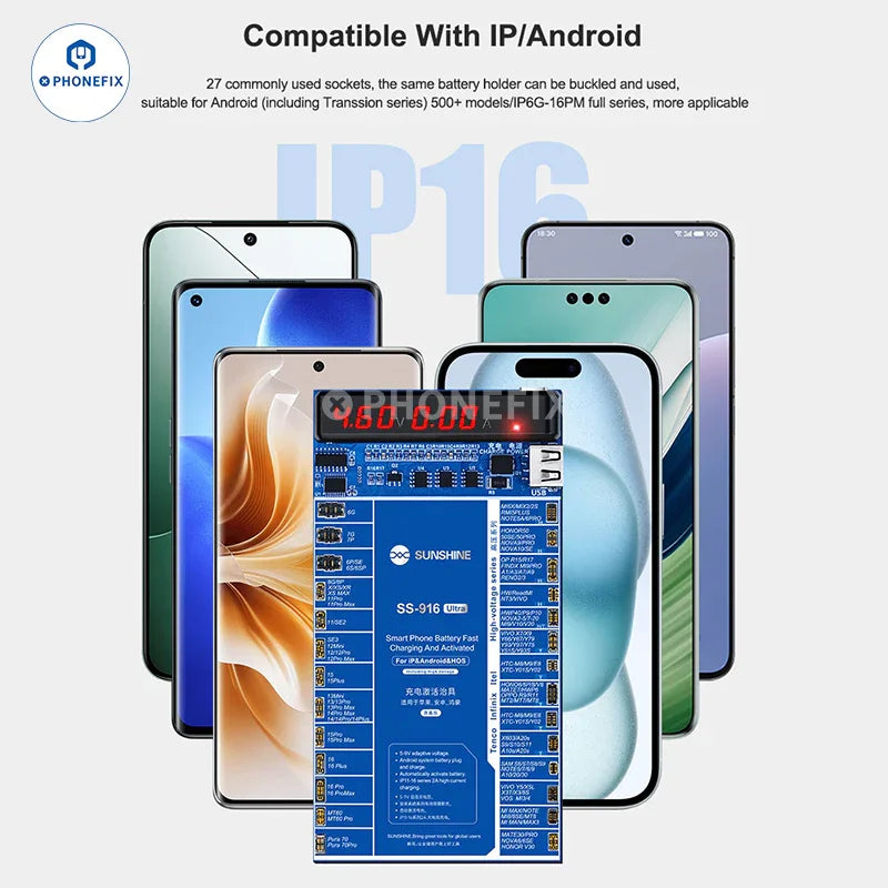 PHONEFIX SS-916 Ultra Android and iPhone X-17 fast charging battery activation board and tester tool with circuit components.
