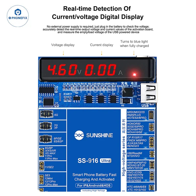 PhoneFix SS-916 Ultra battery tester tool for Android and iPhone X-17 fast charging activation board, with testing ports visible.
