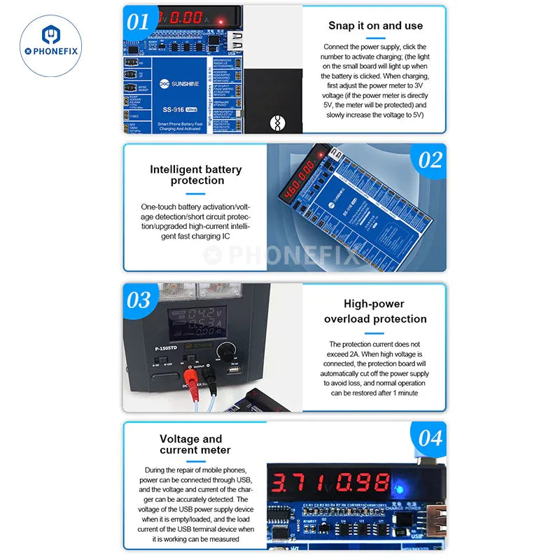 PhoneFix SS-916 Ultra Android & iPhone X-17 fast charging battery activation board, battery tester tool with circuit components.