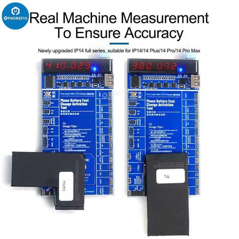 PHONEFIX Sunshine SS 916 battery tester tool for iPhone and Android, with fast charging activation board and testing interface.