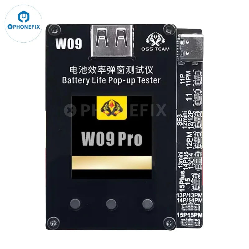 PHONEFIX W09 Pro Battery Tester for iPhone 11-15 models, showing the device testing a battery pop-up without tag-on cable.