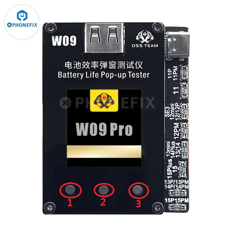 PHONEFIX W09 Pro Battery Tester for iPhone 11-15, tests battery pop-up issues without tag-on cable, repair tool for iPhone batteries.