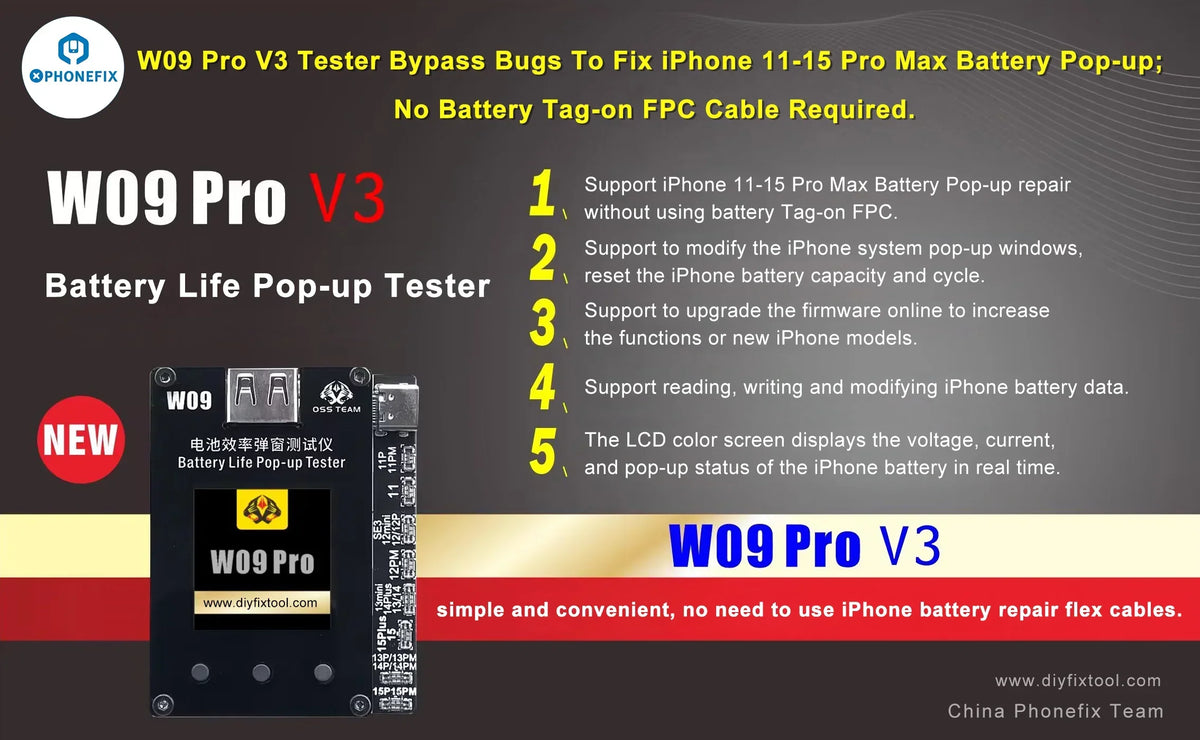 PHONEFIX W09 Pro Battery Tester Tool for iPhone 11-15, showing connection to battery pop-up without tag-on cable in a close-up view.