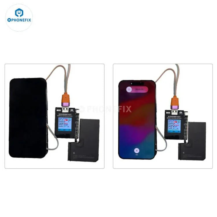 PHONEFIX W09 Pro battery tester tool for iPhone 11-15, showing its compact design and connection ports for battery testing.