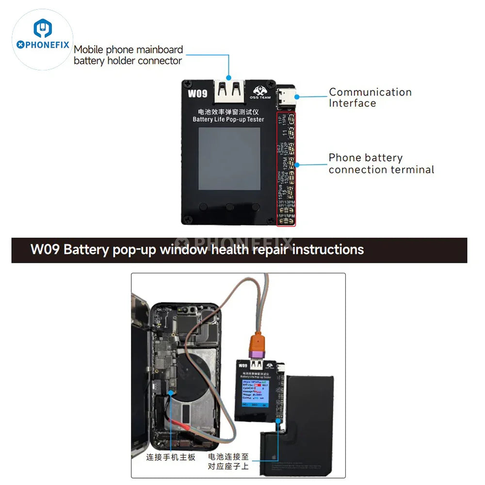 PHONEFIX W09 Pro Battery Tester Tool for iPhone 11-15, showing battery pop-up test without tag-on cable in use.