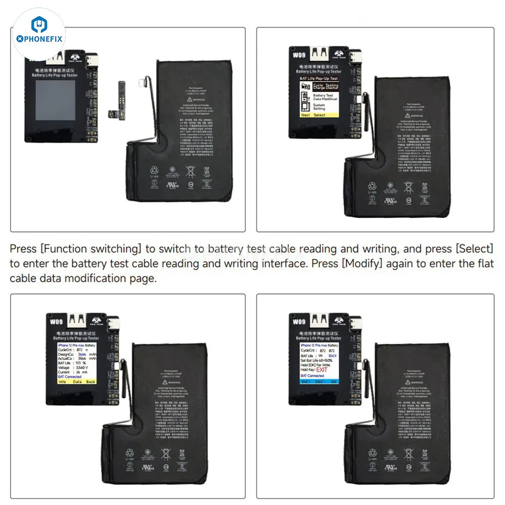 PHONEFIX W09 Pro Battery Tester Tool for iPhone 11-15, showing battery pop-up without tag-on cable in a close-up image.