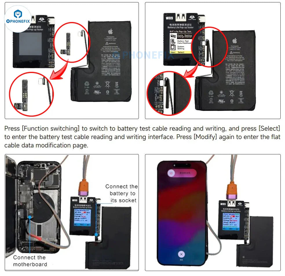 PHONEFIX W09 Pro Battery Tester for iPhone 11-15, showing the device testing a battery pop-up without tag-on cable.