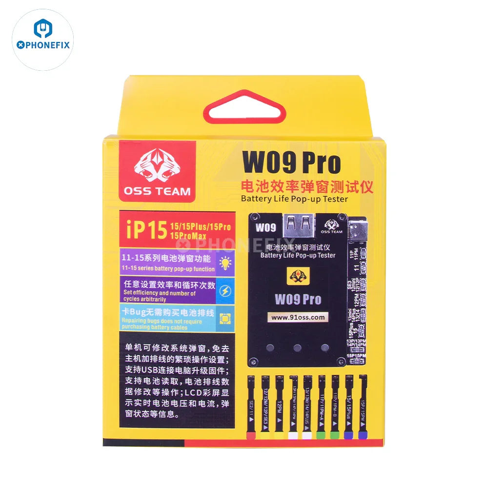 PHONEFIX W09 Pro Battery Tester for iPhone 11-15, showing pop-up battery test screen without tag-on cable.