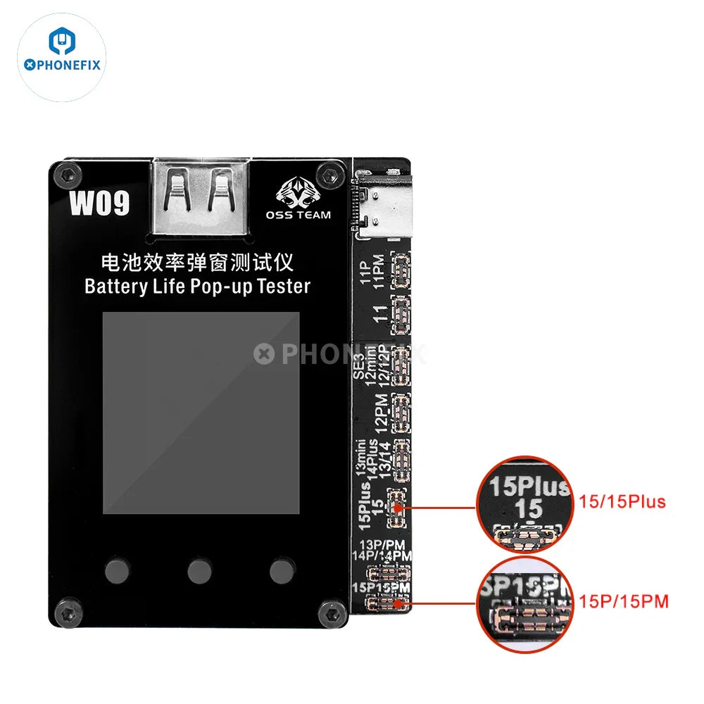 PHONEFIX W09 Pro Battery Tester for iPhone 11-15, tests battery pop-up issues without tag-on cable, handheld diagnostic tool.