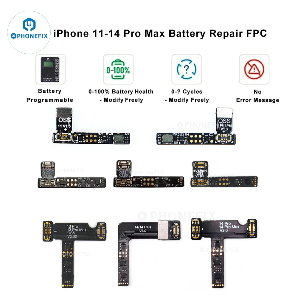Herramienta de comprobación de baterías PHONEFIX para verificar la autenticidad de las baterías, que se muestra con ocho unidades de prueba en la imagen.