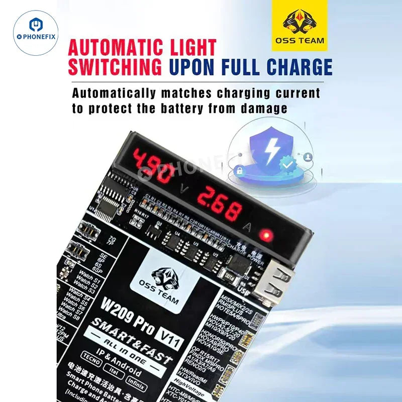 PHONEFIX W209 Pro V11 battery charging activation board for iPhone 6-17 and Android devices, used as a battery tester tool.