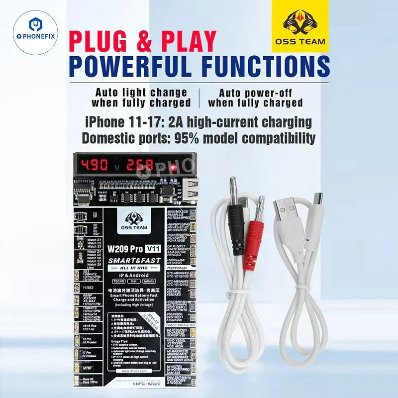 PHONEFIX W209 Pro V11 battery tester tool with charging activation board for iPhone 6-17 and Android devices, showing circuit connections.