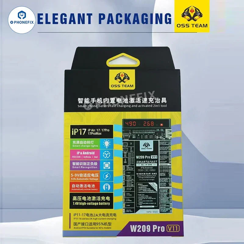PHONEFIX W209 Pro V11 battery charging activation board for iPhone 6-17 and Android devices, used as a battery tester tool.